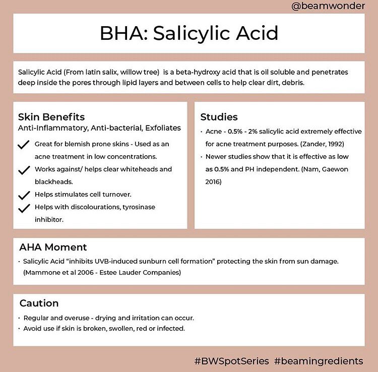 infograph of BHA: Salicylic Acid
skin benefits
studies
caution