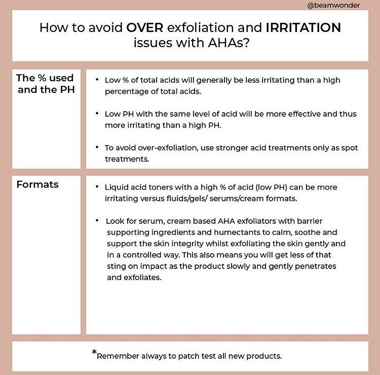 infograph of avoiding over-exfoliation and irritation issues with AHAs